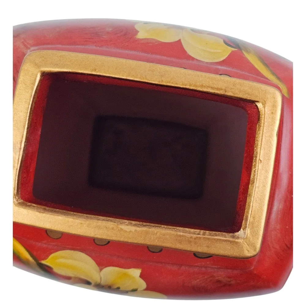 Vintage Style Hand Painted Floral Red Decorative Vase Gold Trim 12.5 Inch